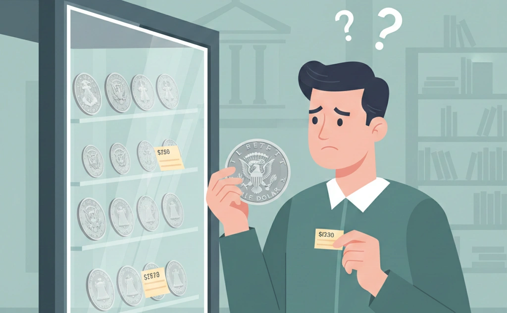 a puzzled coin collector standing at a glass display case, holding a 1973 half dollar coin and comparing price tags