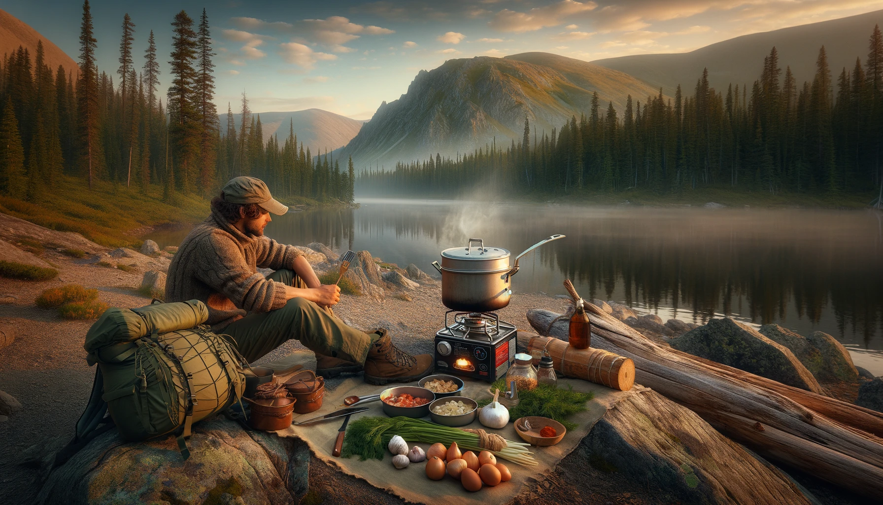 a traveler cooking their own meal