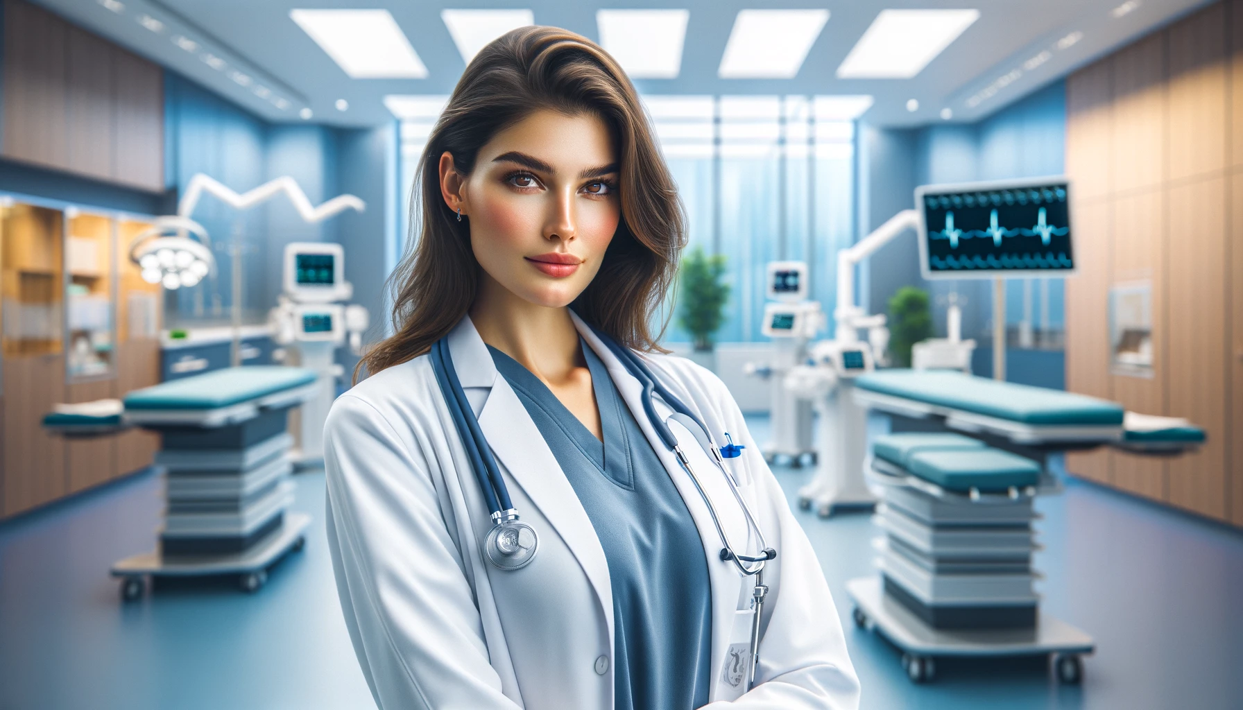 a confident female surgery doctor in Turkey, standing in a modern, well-lit hospital or clinic environment