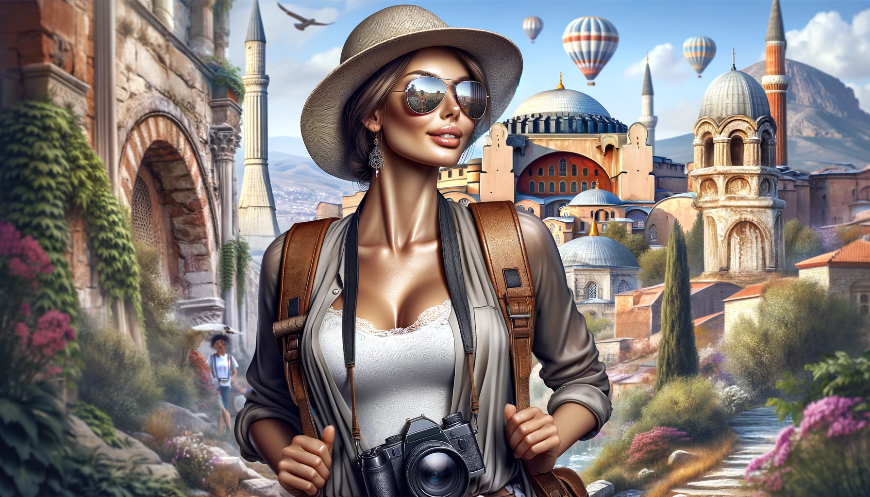 a female tourist in Turkey, capturing her adventurous spirit as she explores the historic and cultural landmarks of the country