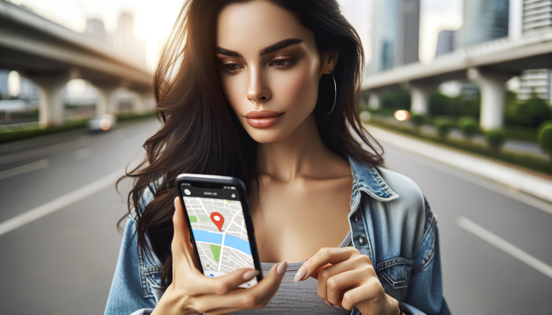 An attractive woman using a smartphone location tracking app