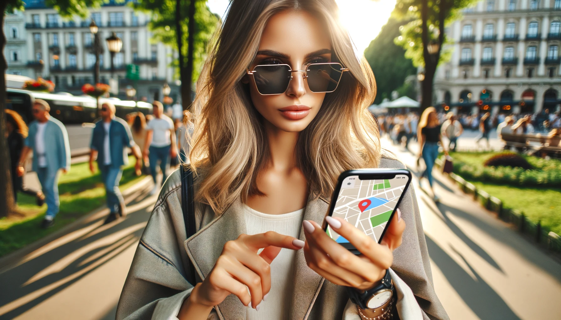 A fashionable young woman using her smartphone to check a location tracking app in a busy city park