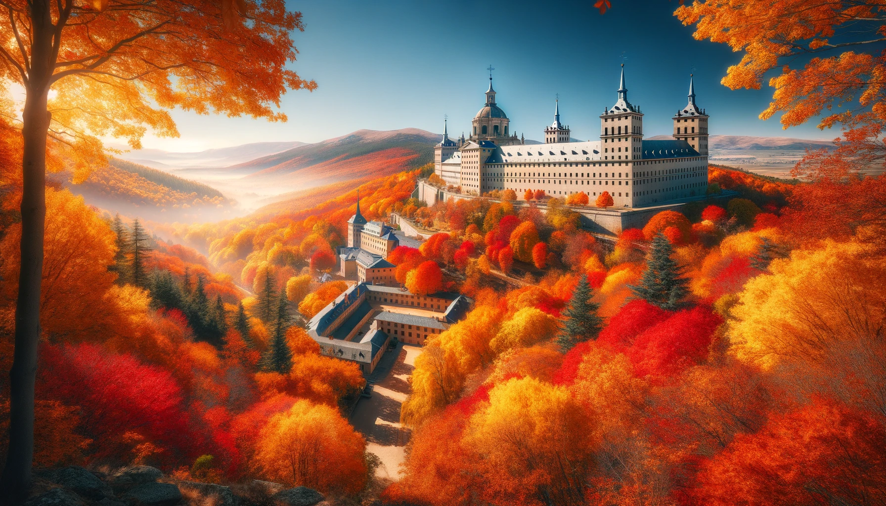 A panoramic stock photo showcasing the fall colors around the area of El Escorial near Madrid