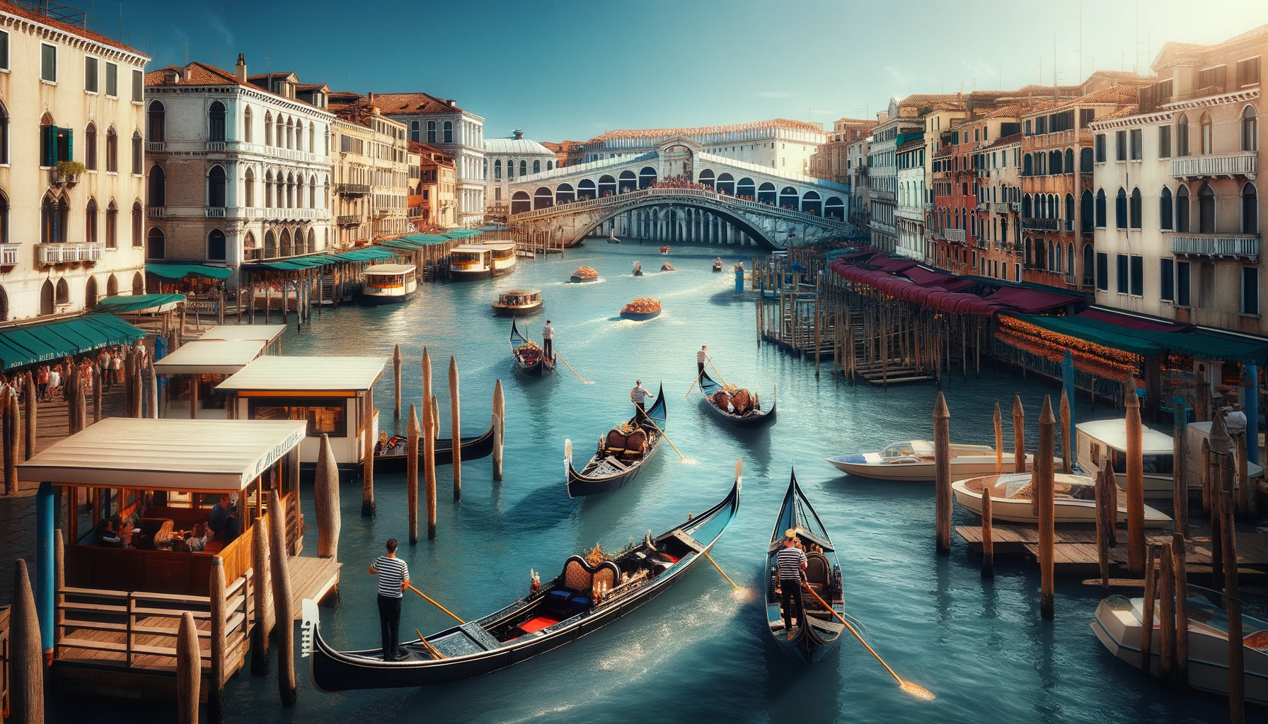 A panoramic stock photo of the Grand Canal in Venice, Italy, featuring gondolas and the iconic Rialto Bridge.