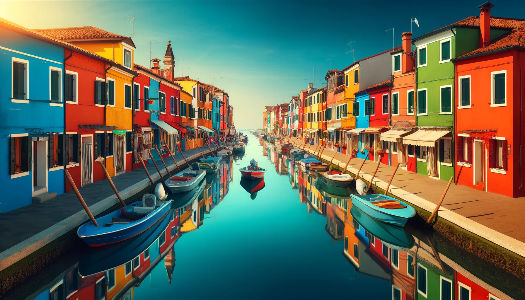 A panoramic stock photo of the colorful Burano Island in the Venetian Lagoon, northern Italy