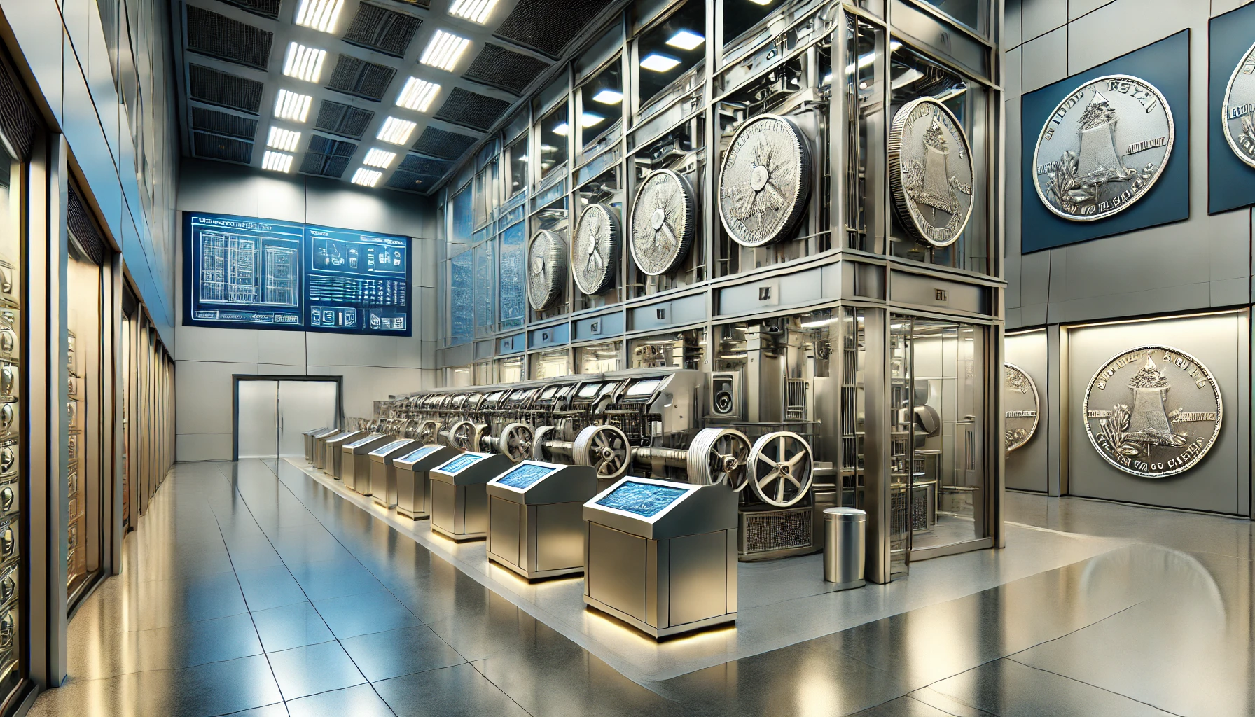 The interior of a modern mint, focusing on advanced minting machines and their advanced components.