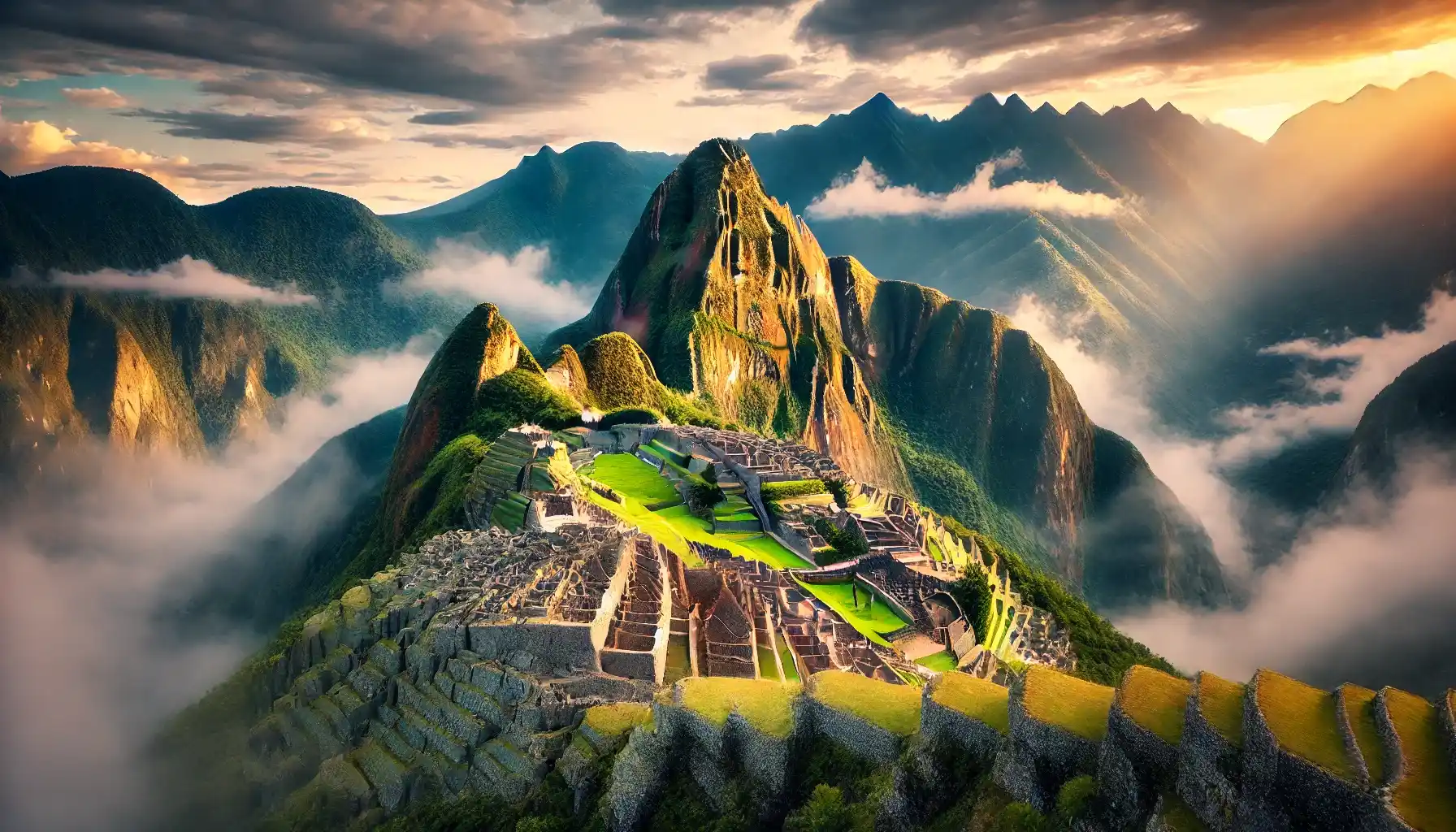 A breathtaking view of Machu Picchu during sunrise, with the iconic ancient Incan citadel perched atop the Andes mountains, surrounded by lush green peaks and misty clouds, showcasing the historical and natural beauty of Peru.