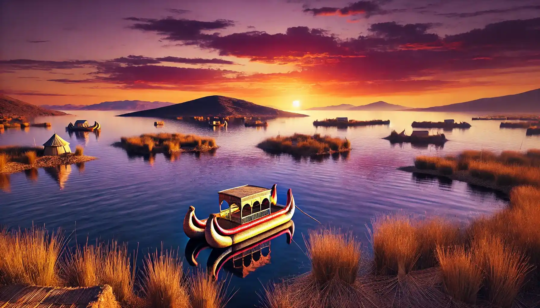 Lake Titicaca at sunset, with a traditional reed boat floating on the calm water, surrounded by floating islands made of totora reeds.
