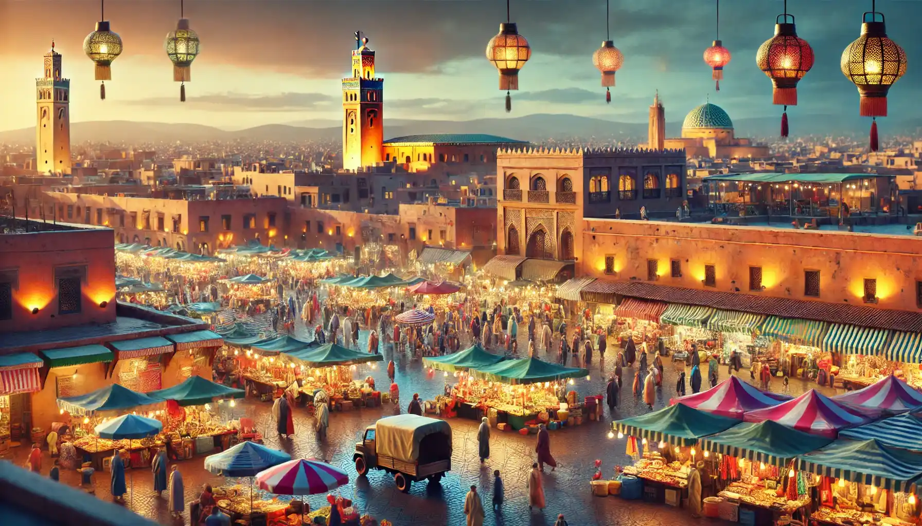 the bustling Djemaa el-Fna Square in Marrakesh during the evening, showcasing vibrant market stalls, traditional Moroccan lanterns, street performers, and a backdrop of historic architecture with the Koutoubia Mosque visible in the distance.