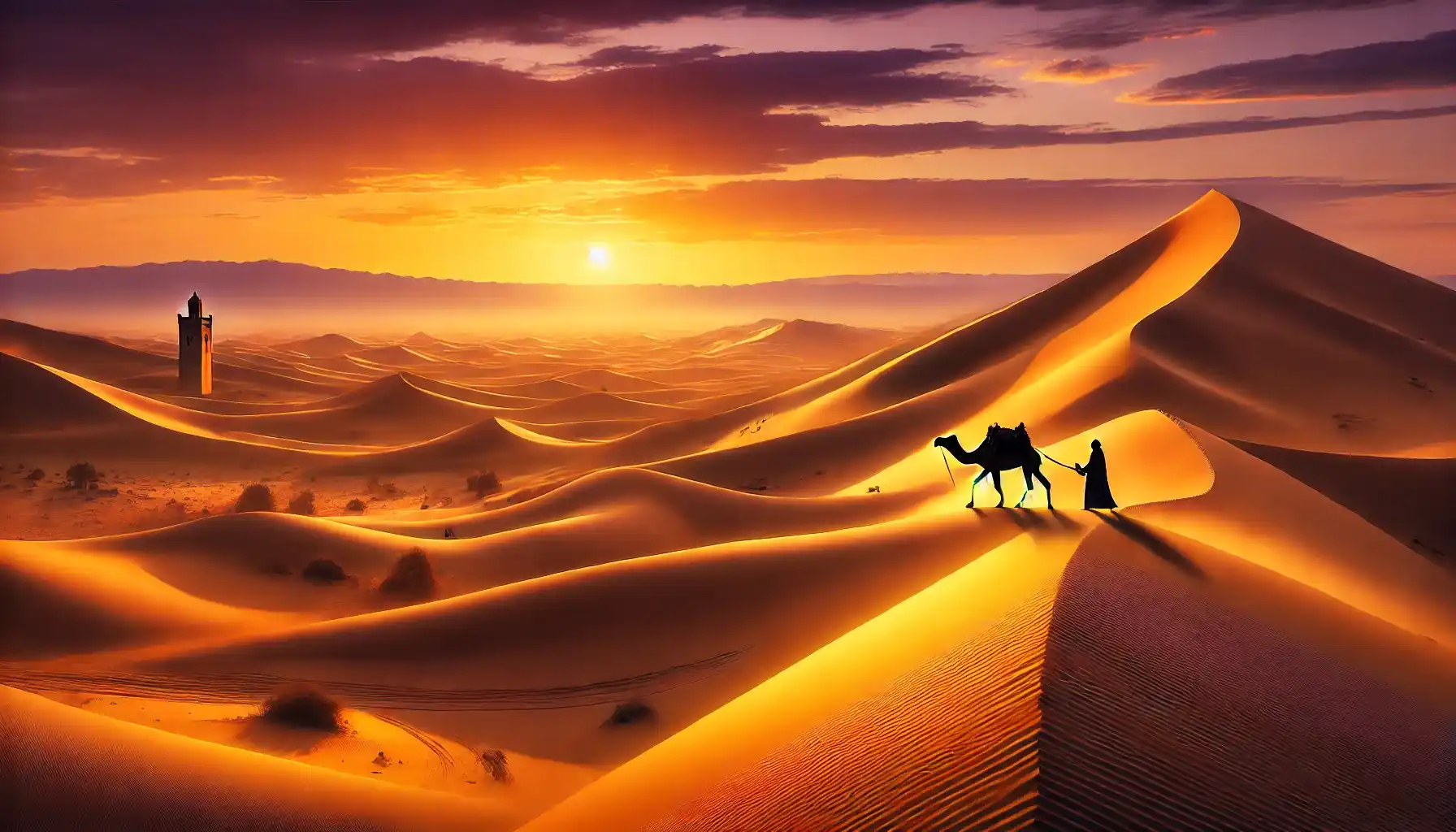 the Sahara Desert at sunset, featuring towering golden sand dunes of Erg Chebbi and a traditional Moroccan camel caravan trekking through the landscape.