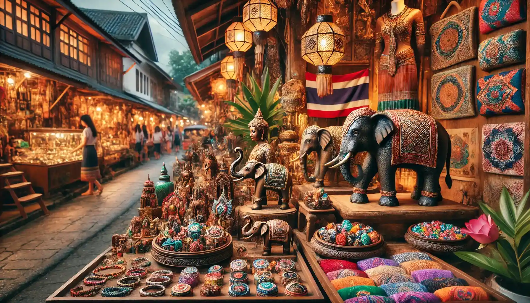 A vibrant and bustling Thai street market featuring beautifully displayed handcrafted souvenirs.