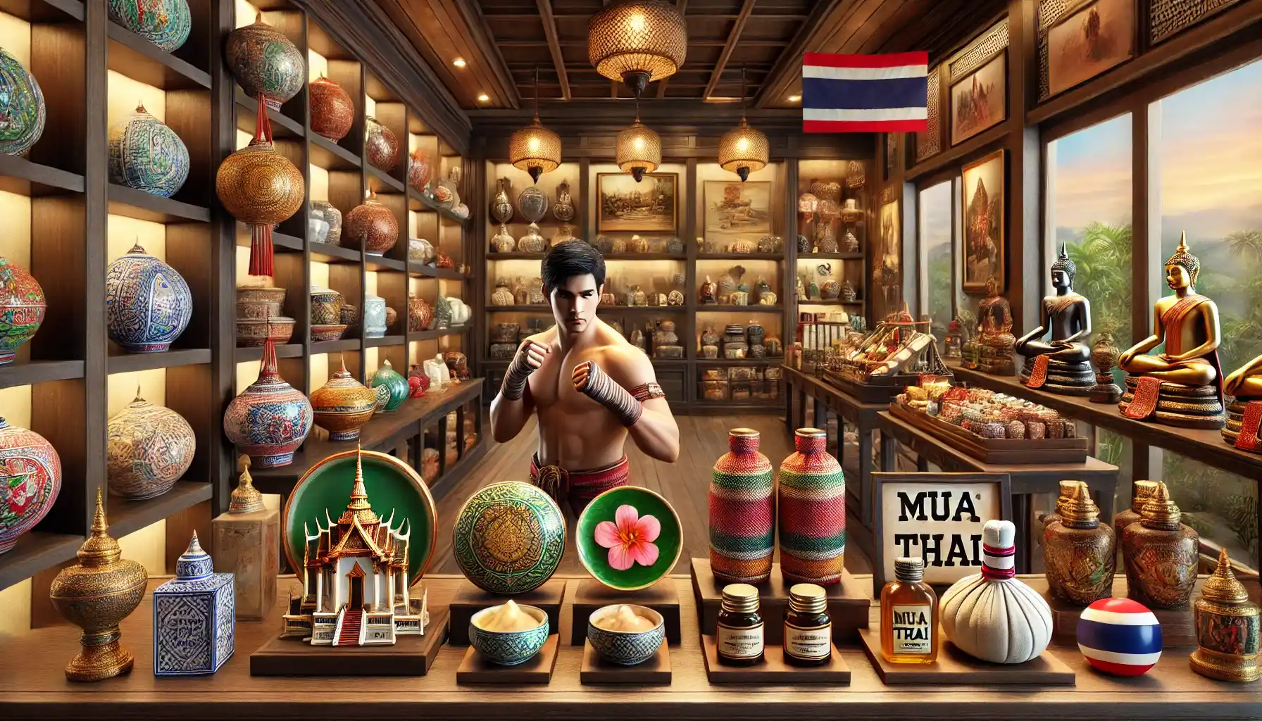 a beautifully arranged Thai gift shop, featuring neatly displayed traditional souvenirs. Items include colorful hand-painted ceramics, luxurious Thai silk products, spa items like herbal balms and oils, and Muay Thai memorabilia. 