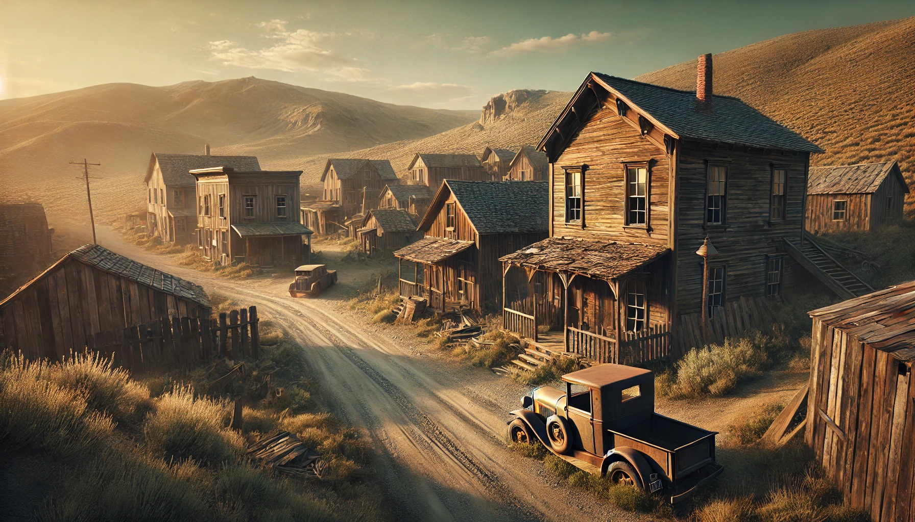 An abandoned ghost town with well-preserved wooden buildings and old fashioned cars, weathered and aged by time.