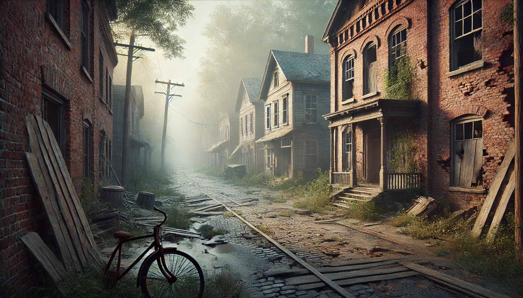 An abandoned ghost town with decaying brick buildings. The scene is set in the early morning with a misty atmosphere, creating an eerie mood.