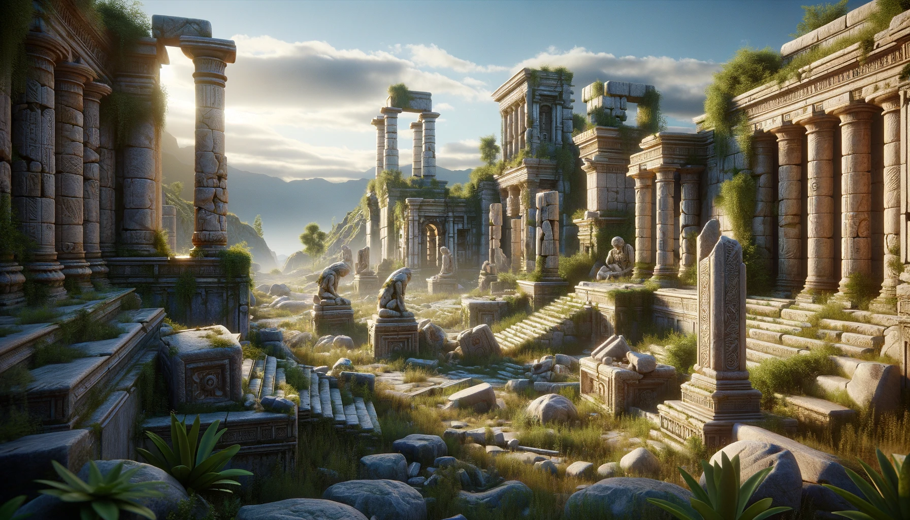 ancient ruins with crumbling stone structures, tall pillars, and weathered statues, all overgrown with lush vegetation, set against a backdrop of distant mountains and a clear blue sky.