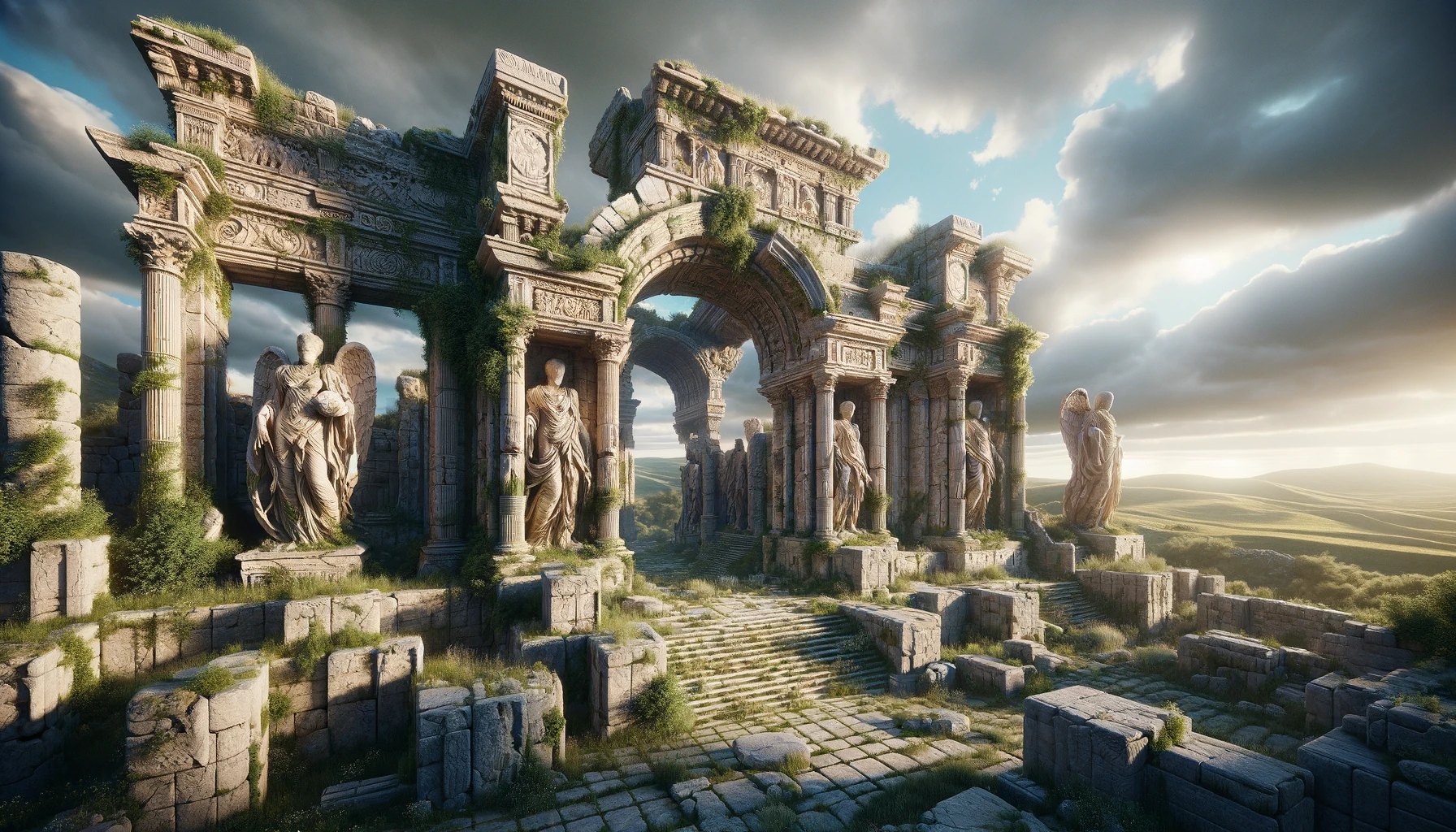 ancient ruins featuring grand stone archways, fragmented walls, and intricately carved statues, all overgrown with lush vines and greenery, surrounded by rolling hills and a partly cloudy sky.