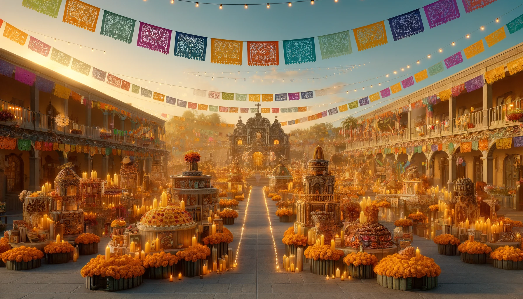 a unique festival held in Mexico, showcasing vibrant decorations, colorful papel picado banners, intricate marigold flower arrangements, and ornate altars.