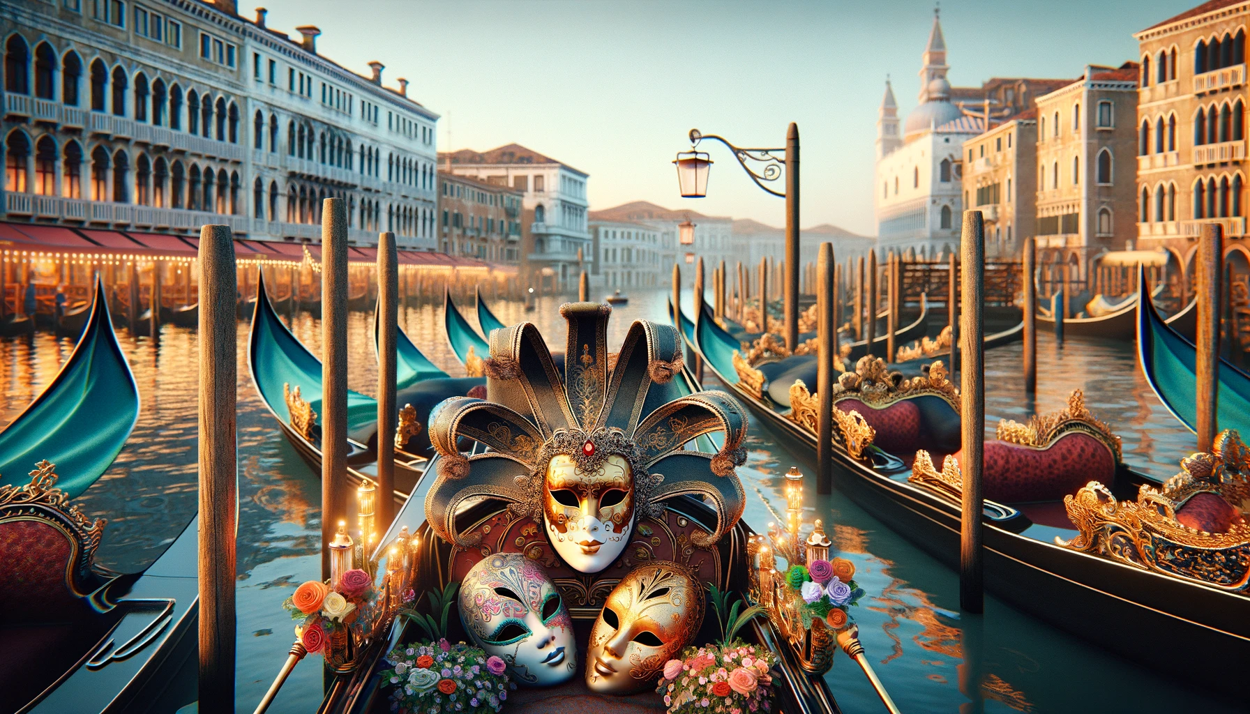 ornate gondolas adorned with colorful flowers and lights floating on a calm canal in Venice, Italy, with a beautifully decorated festival mask resting on a gondola and historic buildings reflecting in the water.