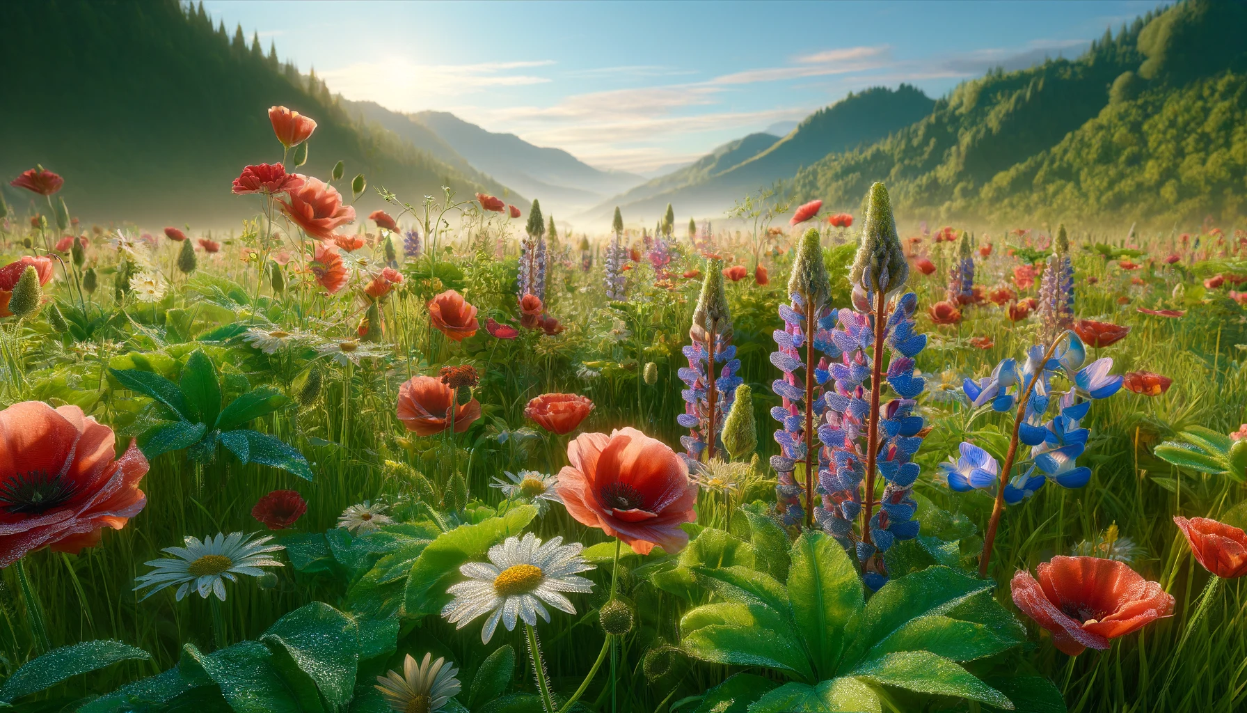 a lush, vibrant meadow filled with blooming wildflowers, including poppies, daisies, and lupines.