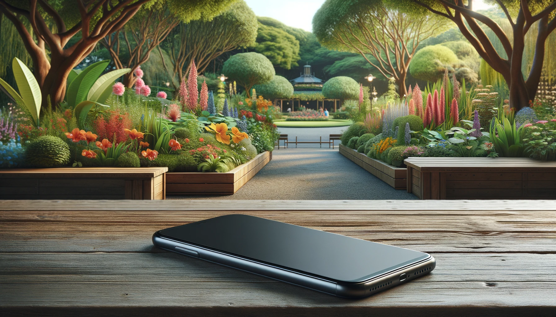 a smartphone lying flat on a bench in front of a botanical park, surrounded by lush greenery and colorful flowers, with a beautifully landscaped park in the background.